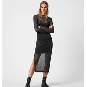 AllSaints The Francesco Dress Metallic Black Glitter Sheer Midi Women’s US 6